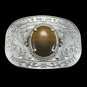 Vintage Western Silver Tone Floral Engraved Belt Buckle with Brown Jasper Stone